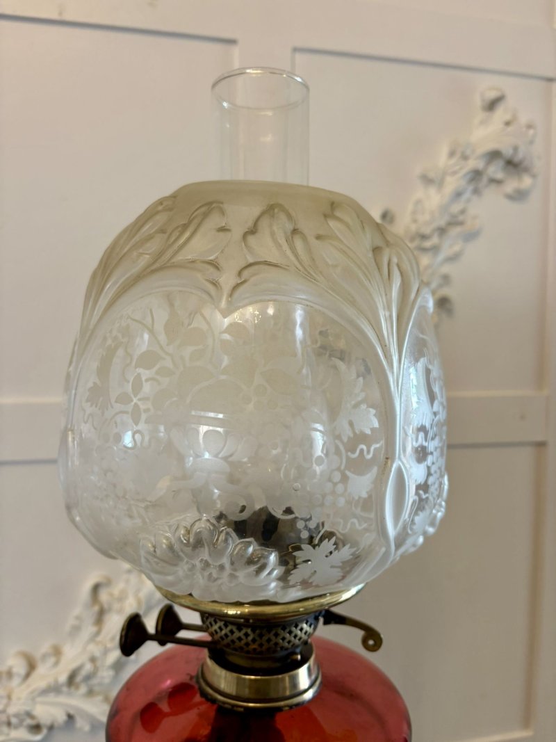 Antique Victorian Cranberry Glass Oil Lamp on Brass Corinthian Column